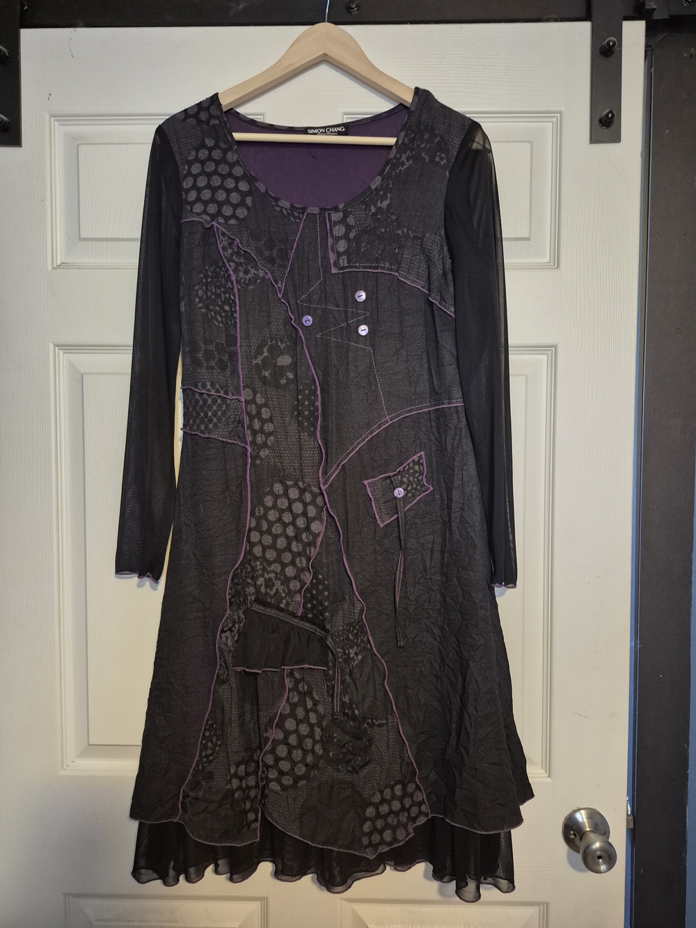 Simon Chang Black Dress with Purple Trim and Accents